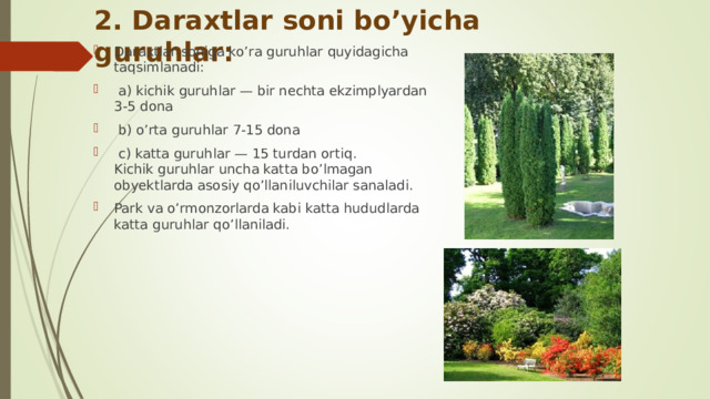 2. Daraxtlar soni bo’yicha guruhlar: Daraxtlar soniga ko’ra guruhlar quyidagicha taqsimlanadi:  а) kichik guruhlar — bir nechta ekzimplyardan 3-5 dona  b ) o’rta guruhlar 7-15 dona  c ) katta guruhlar — 15 turdan ortiq .  Kichik guruhlar uncha katta bo’lmagan obyektlarda asosiy qo’llaniluvchilar sanaladi. Park va o’rmonzorlarda kabi katta hududlarda katta guruhlar qo’llaniladi.   