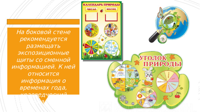 На боковой стене рекомендуется размещать экспозиционные щиты со сменной информацией. К ней относится информация о временах года, краеведческий материал и т. д. 