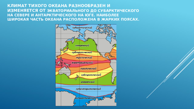 Климат океана разнообразен. Климат Тихого океана.