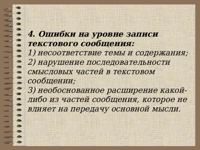   4. Ошибки на уровне записи текстового сообщения: 1) несоответствие темы и содержания; 2) нарушение последовательности смысловых частей в текстовом сообщении; 3) необоснованное расширение какой-либо из частей сообщения, которое не влияет на передачу основной мысли. 