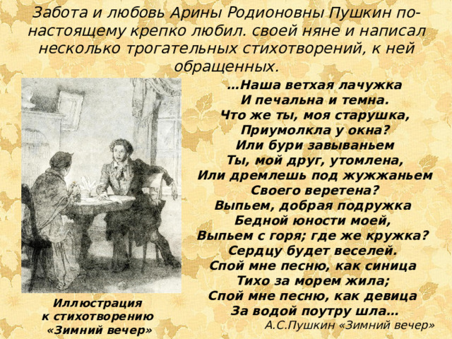 Забота и любовь Арины Родионовны Пушкин по-настоящему крепко любил. своей няне и написал несколько трогательных стихотворений, к ней обращенных. … Наша ветхая лачужка И печальна и темна. Что же ты, моя старушка, Приумолкла у окна? Или бури завываньем Ты, мой друг, утомлена, Или дремлешь под жужжаньем Своего веретена? Выпьем, добрая подружка Бедной юности моей, Выпьем с горя; где же кружка? Сердцу будет веселей. Спой мне песню, как синица Тихо за морем жила; Спой мне песню, как девица За водой поутру шла…  А.С.Пушкин «Зимний вечер» Иллюстрация к стихотворению «Зимний вечер» 