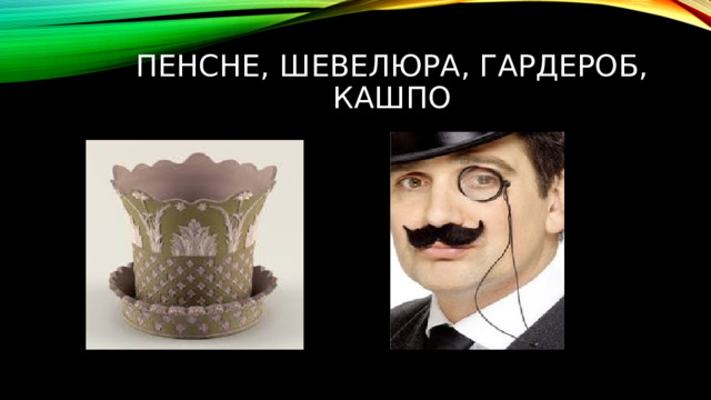 Пенсне, шевелюра, гардероб, кашпо 