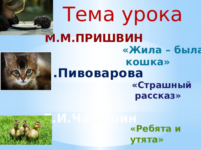 Тема урока М.М.Пришвин «Жила – была  кошка» И.Пивоварова «Страшный  рассказ» Е.И.Чарушин «Ребята и утята» 