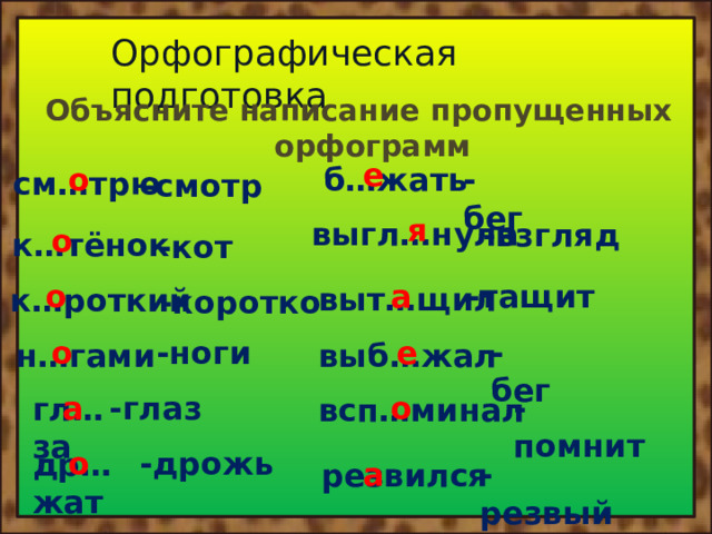 Орфографическая подготовка Объясните написание пропущенных орфограмм е  о  -бег  б…жать см…трю  -смотр  я  выгл…нула -взгляд  о  к…тёнок -кот -тащит  а  о  выт…щил к…роткий -коротко -ноги  о  -бег  е  н…гами  выб…жал о  -глаз  а  -помнит  гл…за всп…минал -дрожь  о  др…жат а  -резвый  резвился 