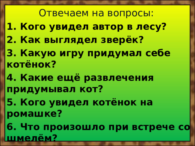 Отвечаем на вопросы: 1. Кого увидел автор в лесу? 2. Как выглядел зверёк? 3. Какую игру придумал себе котёнок? 4. Какие ещё развлечения придумывал кот? 5. Кого увидел котёнок на ромашке? 6. Что произошло при встрече со шмелём? 7. Как отреагировал автор? 8. Кто выглянул из-за куста? 9. Как автор заканчивает свой рассказ? 