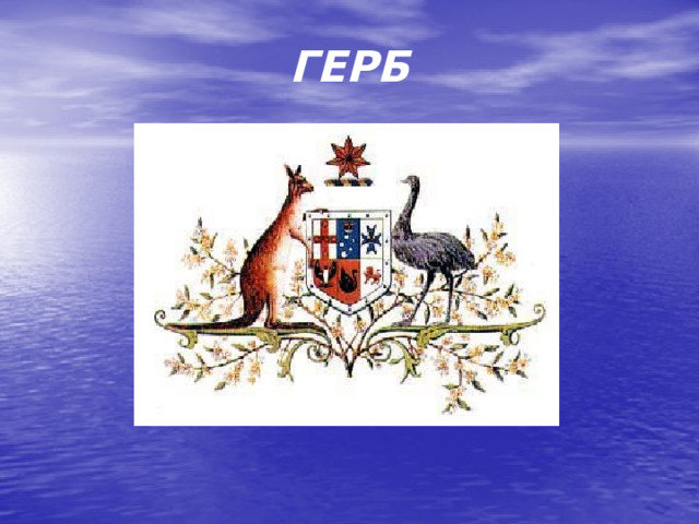 ГЕРБ Кенгуру и страус Эму держат щит, разделенный на 6 частей. Эти части – гербы штатов Австралии.  Цветок – австралийская акация.  