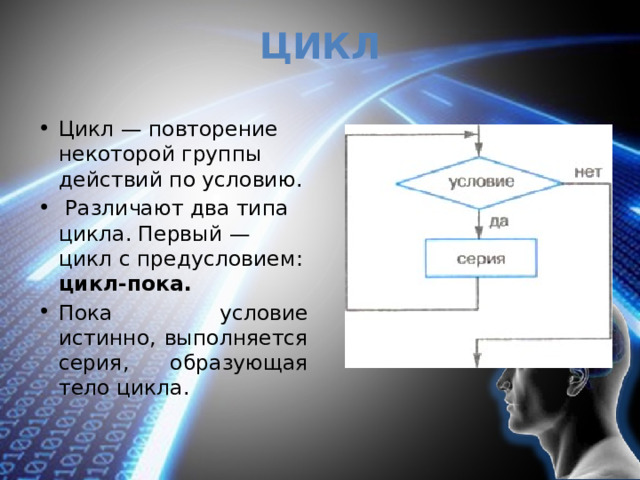 Цикл Цикл — повторение некоторой группы действий по условию.  Различают два типа цикла. Первый — цикл с предусловием: цикл-пока. Пока условие истинно, выполняется серия, образующая тело цикла. 