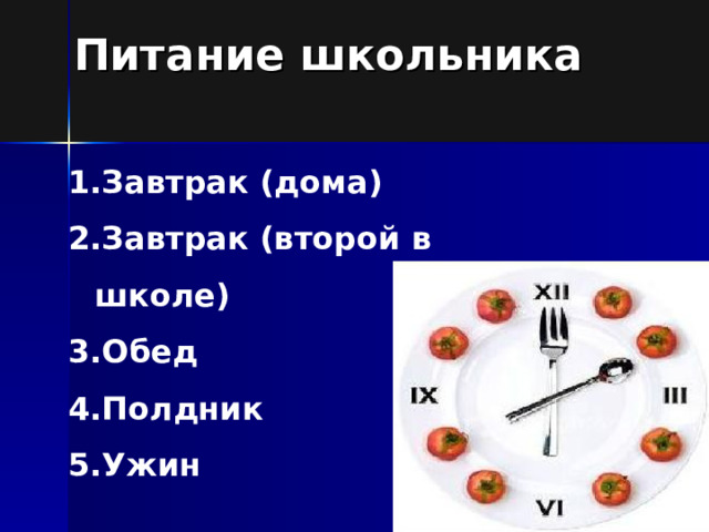 Питание школьника Завтрак (дома) Завтрак (второй в школе) Обед Полдник Ужин 