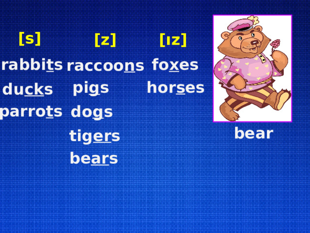 [s] [z] [ız] fo x es rabbi t s raccoo n s hor s es pi g s du ck s parro t s do g s bear tig er s be ar s 