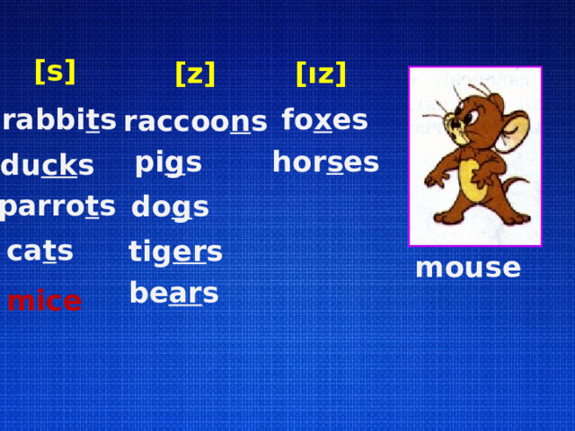 [s] [z] [ız] fo x es rabbi t s raccoo n s hor s es pi g s du ck s parro t s do g s ca t s tig er s mouse be ar s mice 