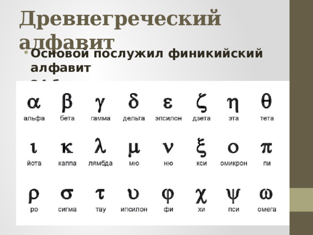 Древнегреческий алфавит Основой послужил финикийский алфавит 24 буквы, в том числе гласные 