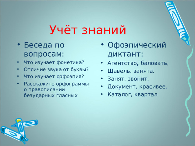 Учёт знаний Беседа по вопросам: Что изучает фонетика? Отличие звука от буквы? Что изучает орфоэпия? Расскажите орфограммы о правописании безударных гласных Офоэпический диктант: Агентство , баловать, Щавель, занята, Занят, звонит, Документ, красивее, Каталог, квартал 