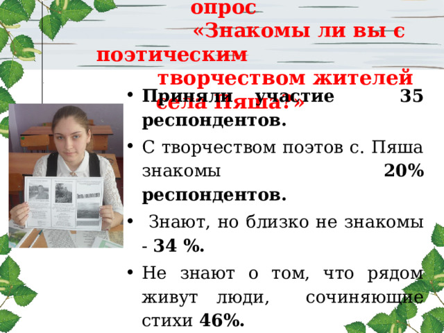  Социологический опрос  «Знакомы ли вы с поэтическим  творчеством жителей села Пяша?» Приняли участие 35 респондентов. С творчеством поэтов с. Пяша знакомы 20% респондентов.  Знают, но близко не знакомы - 34 %. Не знают о том, что рядом живут люди, сочиняющие стихи 46%. 100%респондентов хотят как можно больше узнать о поэтическом творчестве жителей нашего села. 