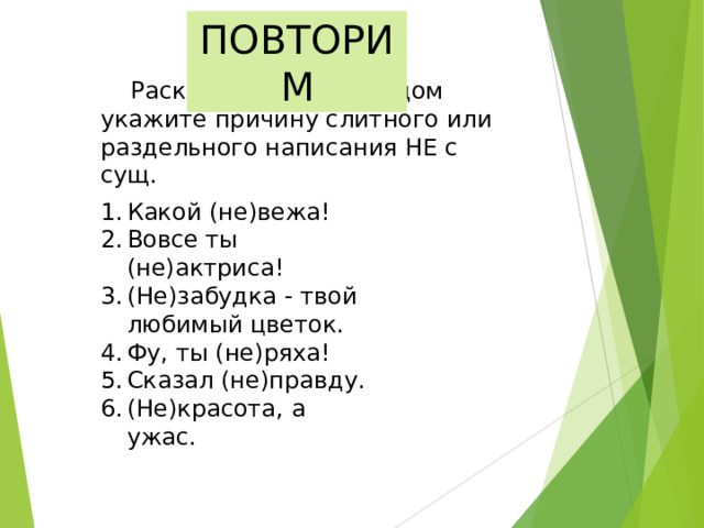 ПОВТОРИМ  Раскройте скобки, рядом укажите причину слитного или раздельного написания НЕ с сущ. Какой (не)вежа! Вовсе ты (не)актриса! (Не)забудка - твой любимый цветок. Фу, ты (не)ряха! Сказал (не)правду. (Не)красота, а ужас.    