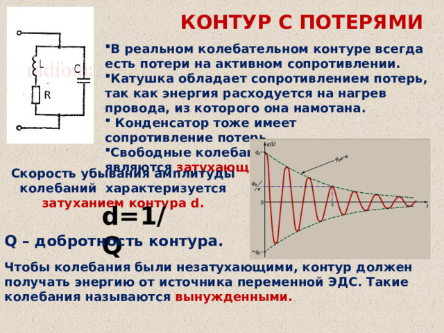 КОНТУР С ПОТЕРЯМИ В реальном колебательном контуре всегда есть потери на активном сопротивлении. Катушка обладает сопротивлением потерь, так как энергия расходуется на нагрев провода, из которого она намотана.  Конденсатор тоже имеет сопротивление потерь.  Свободные колебания в реальном контуре являются затухающими. Скорость убывания амплитуды колебаний характеризуется затуханием контура d. d=1/Q Q – добротность контура. Чтобы колебания были незатухающими, контур должен получать энергию от источника переменной ЭДС. Такие колебания называются вынужденными.  