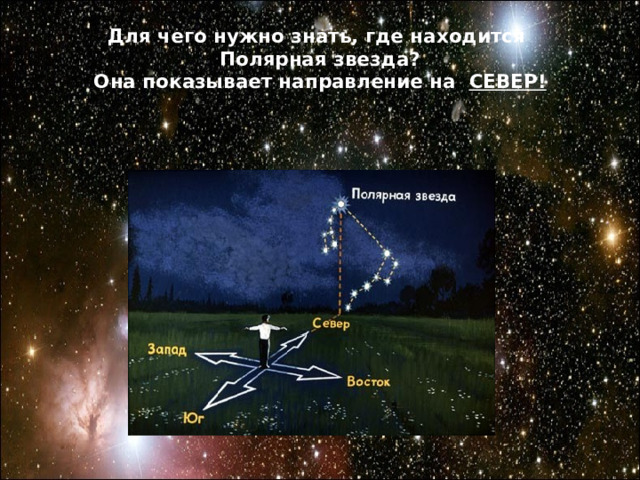 Для чего нужно знать, где находится  Полярная звезда?  Она показывает направление на СЕВЕР!   