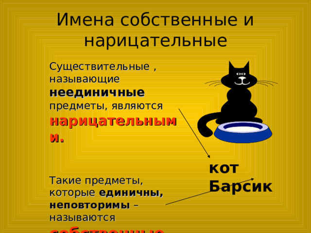 Имена собственные и нарицательные Существительные , называющие неединичные предметы, являются нарицательными. Существительные , называющие неединичные предметы, являются нарицательными. Существительные , называющие неединичные предметы, являются нарицательными. Существительные , называющие неединичные предметы, являются нарицательными. Существительные , называющие неединичные предметы, являются нарицательными.       Такие предметы, которые единичны, неповторимы – называются  Такие предметы, которые единичны, неповторимы – называются  Такие предметы, которые единичны, неповторимы – называются  Такие предметы, которые единичны, неповторимы – называются  Такие предметы, которые единичны, неповторимы – называются собственные. собственные. собственные. собственные. собственные. кот Барсик 