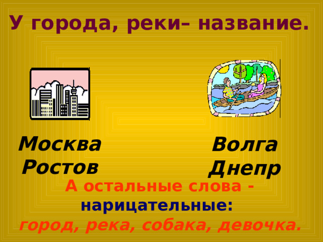 У города, реки– название. Москва Ростов Волга Днепр А остальные слова - нарицательные:  город, река, собака, девочка.   