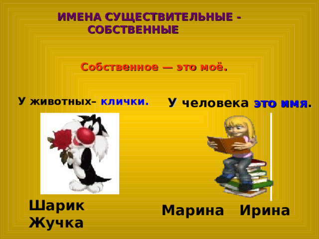  ИМЕНА СУЩЕСТВИТЕЛЬНЫЕ -  СОБСТВЕННЫЕ Собственное — это моё.   У животных– клички.  У человека  это имя . Шарик Жучка   Марина Ирина 