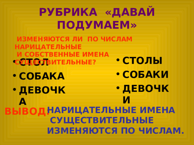 РУБРИКА «ДАВАЙ ПОДУМАЕМ»  ИЗМЕНЯЮТСЯ ЛИ ПО ЧИСЛАМ НАРИЦАТЕЛЬНЫЕ  И СОБСТВЕННЫЕ ИМЕНА СУЩЕСТВИТЕЛЬНЫЕ? СТОЛЫ СОБАКИ ДЕВОЧКИ СТОЛ СОБАКА ДЕВОЧКА НАРИЦАТЕЛЬНЫЕ ИМЕНА  СУЩЕСТВИТЕЛЬНЫЕ ИЗМЕНЯЮТСЯ ПО ЧИСЛАМ. ВЫВОД: 