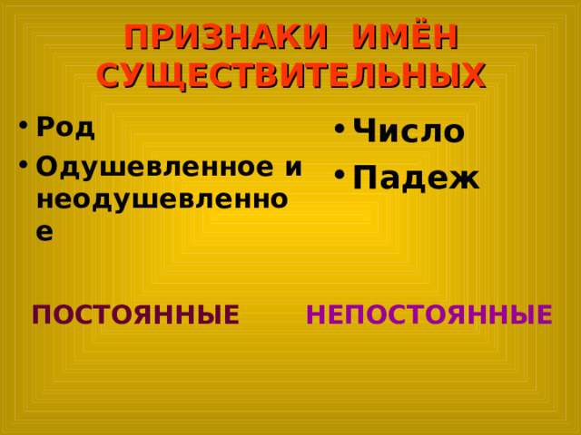 ПРИЗНАКИ ИМЁН СУЩЕСТВИТЕЛЬНЫХ Число Падеж  Род Одушевленное и неодушевленное   ПОСТОЯННЫЕ НЕПОСТОЯННЫЕ 