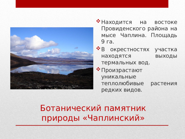 Находится на востоке Провиденского района на мысе Чаплина. Площадь 9 га. В окрестностях участка находятся выходы термальных вод. Произрастают уникальные теплолюбивые растения редких видов. Ботанический памятник природы «Чаплинский» 