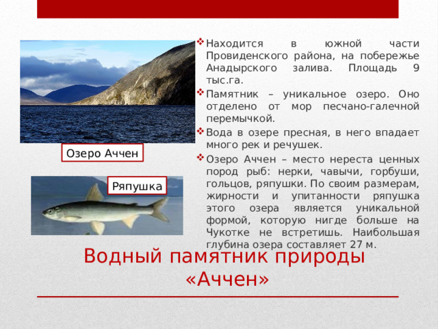 Находится в южной части Провиденского района, на побережье Анадырского залива. Площадь 9 тыс.га. Памятник – уникальное озеро. Оно отделено от мор песчано-галечной перемычкой. Вода в озере пресная, в него впадает много рек и речушек. Озеро Аччен – место нереста ценных пород рыб: нерки, чавычи, горбуши, гольцов, ряпушки. По своим размерам, жирности и упитанности ряпушка этого озера является уникальной формой, которую нигде больше на Чукотке не встретишь. Наибольшая глубина озера составляет 27 м. Озеро Аччен Ряпушка Водный памятник природы «Аччен» 