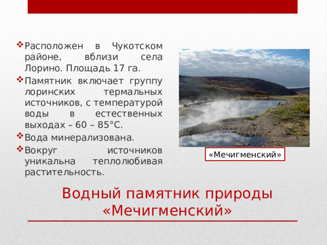 Расположен в Чукотском районе, вблизи села Лорино. Площадь 17 га. Памятник включает группу лоринских термальных источников, с температурой воды в естественных выходах – 60 – 85 °С. Вода минерализована. Вокруг источников уникальна теплолюбивая растительность. «Мечигменский» Водный памятник природы «Мечигменский» 