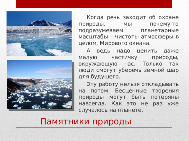 Когда речь заходит об охране природы, мы почему-то подразумеваем планетарные масштабы – чистоты атмосферы в целом, Мирового океана. А ведь надо ценить даже малую частичку природы, окружающую нас. Только так люди смогут уберечь земной шар для будущего. Эту работу нельзя откладывать на потом. Бесценные творения природы могут быть потеряны навсегда. Как это не раз уже случалось на планете. Памятники природы 