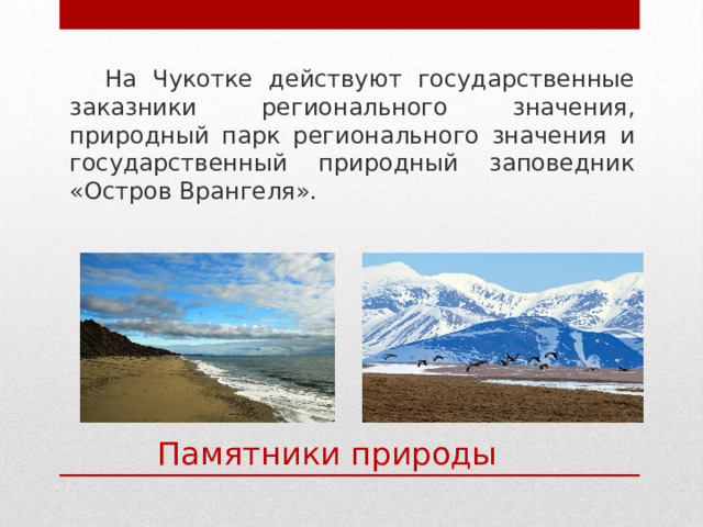 На Чукотке действуют государственные заказники регионального значения, природный парк регионального значения и государственный природный заповедник «Остров Врангеля». Памятники природы 