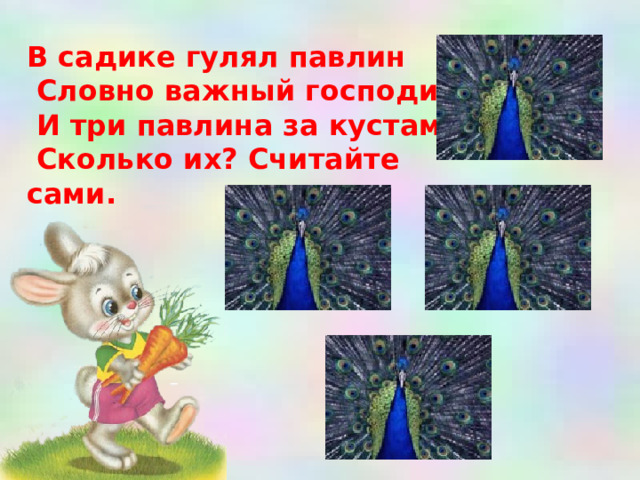 В садике гулял павлин  Словно важный господин.  И три павлина за кустами.   Сколько их? Считайте сами. 