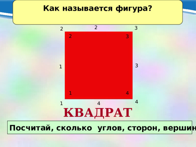 Как называется фигура?  2 3 2 2 3 3 1 4 1 4 4 4 1 КВАДРАТ Посчитай, сколько углов, сторон, вершин?  