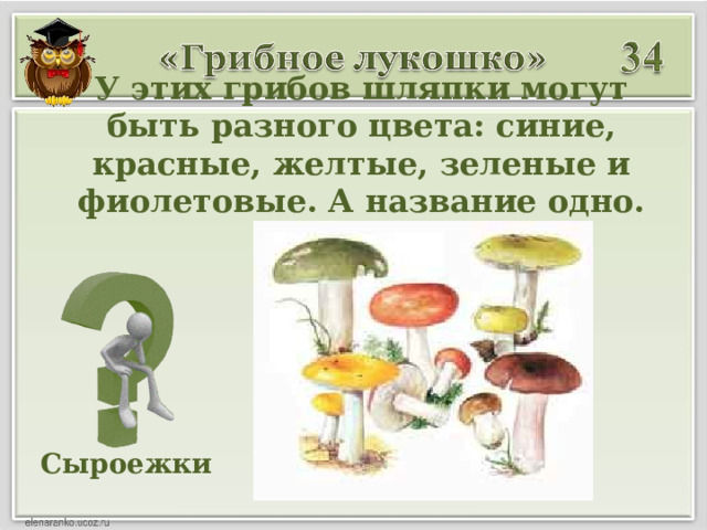 У этих грибов шляпки могут быть разного цвета: синие, красные, желтые, зеленые и фиолетовые. А название одно. Какое? Сыроежки 