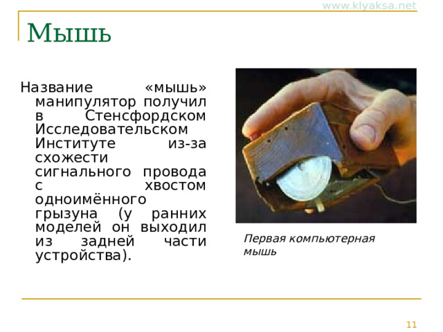 Мышь Название «мышь» манипулятор получил в Стенсфордском Исследовательском Институте из-за схожести сигнального провода с хвостом одноимённого грызуна (у ранних моделей он выходил из задней части устройства). Первая компьютерная мышь 