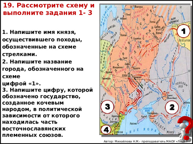 19. Рассмотрите схему и выполните задания 1- 3 1. Напишите имя князя, осуществившего походы, обозначенные на схеме стрелками. 2. Напишите название города, обозначенного на схеме цифрой «1». 3. Напишите цифру, которой обозначено государство, созданное кочевым народом, в политической зависимости от которого находилась часть восточнославянских племенных союзов. Автор: Михайлова Н.М.- преподаватель МАОУ «Лицей № 21» 