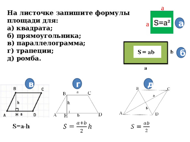 На листочке запишите формулы площади для: а) квадрата; б) прямоугольника; в) параллелограмма; г) трапеции; д) ромба.  а б в г д 