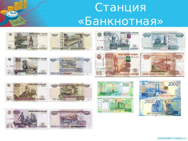 Станция «Банкнотная» Дети узнают как выглядят современные банкноты России. Что на них изображено. 