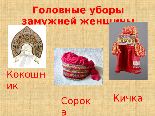 Головные уборы замужней женщины  Кокошник  Кичка  Сорока 