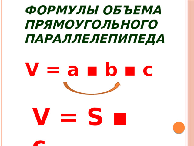 Формулы объема прямоугольного параллелепипеда V = a ▪ b ▪ c V = S ▪ c 