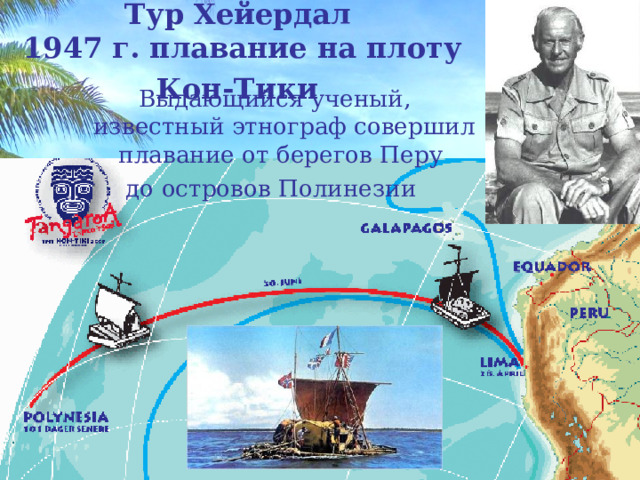 Тур Хейердал  1947 г. плавание на плоту Кон-Тики  Выдающийся ученый, известный этнограф совершил плавание от берегов Перу до островов Полинезии 