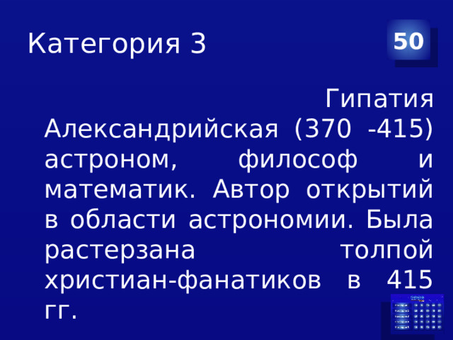 Категория 3 50  Гипатия Александрийская (370 -415) астроном, философ и математик. Автор открытий в области астрономии. Была растерзана толпой христиан-фанатиков в 415 гг. 