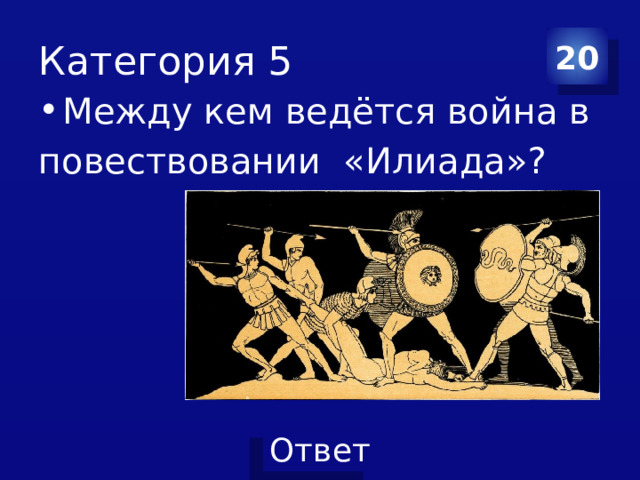 Категория 5 20 Между кем ведётся война в повествовании «Илиада»? 