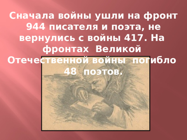 Сначала войны ушли на фронт 944 писателя и поэта, не вернулись с войны 417. На фронтах Великой Отечественной войны погибло 48 поэтов. 