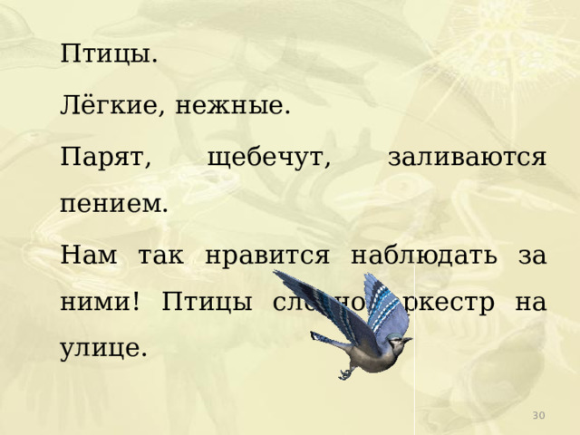  Птицы.  Лёгкие, нежные.  Парят, щебечут, заливаются пением.  Нам так нравится наблюдать за ними! Птицы словно оркестр на улице.  