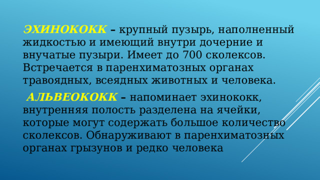 ЭХИНОКОКК – крупный пузырь, наполненный жидкостью и имеющий внутри дочерние и внучатые пузыри. Имеет до 700 сколексов. Встречается в паренхиматозных органах травоядных, всеядных животных и человека.  АЛЬВЕОКОКК – напоминает эхинококк, внутренняя полость разделена на ячейки, которые могут содержать большое количество сколексов. Обнаруживают в паренхиматозных органах грызунов и редко человека 