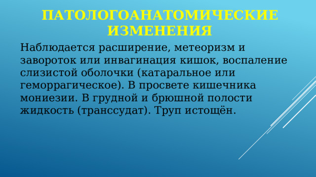 Патологоанатомические изменения Наблюдается расширение, метеоризм и завороток или инвагинация кишок, воспаление слизистой оболочки (катаральное или геморрагическое). В просвете кишечника мониезии. В грудной и брюшной полости жидкость (транссудат). Труп истощён. 