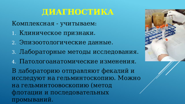 диагностика Комплексная - учитываем: Клиническое признаки. Эпизоотологические данные. Лабораторные методы исследования. Патологоанатомические изменения. В лабораторию отправляют фекалий и исследуют на гельминтоскопию. Можно на гельминтоовоскопию (метод флотации и последовательных промываний. 