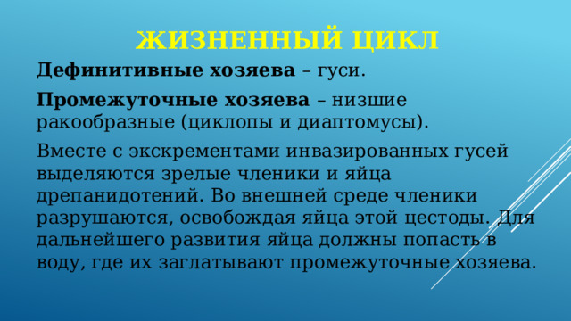 Жизненный цикл Дефинитивные хозяева – гуси. Промежуточные хозяева – низшие ракообразные (циклопы и диаптомусы). Вместе с экскрементами инвазированных гусей выделяются зрелые членики и яйца дрепанидотений. Во внешней среде членики разрушаются, освобождая яйца этой цестоды. Для дальнейшего развития яйца должны попасть в воду, где их заглатывают промежуточные хозяева. 
