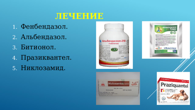 лечение Фенбендазол. Альбендазол. Битионол. Празиквантел. Никлозамид. 