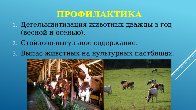 профилактика Дегельминтизация животных дважды в год (весной и осенью). Стойлово-выгульное содержание. Выпас животных на культурных пастбищах. 